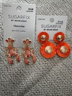 BaubleBar Sugarfix Orange Raffia Disc & Red Rhinestone Lobster Earrings Set